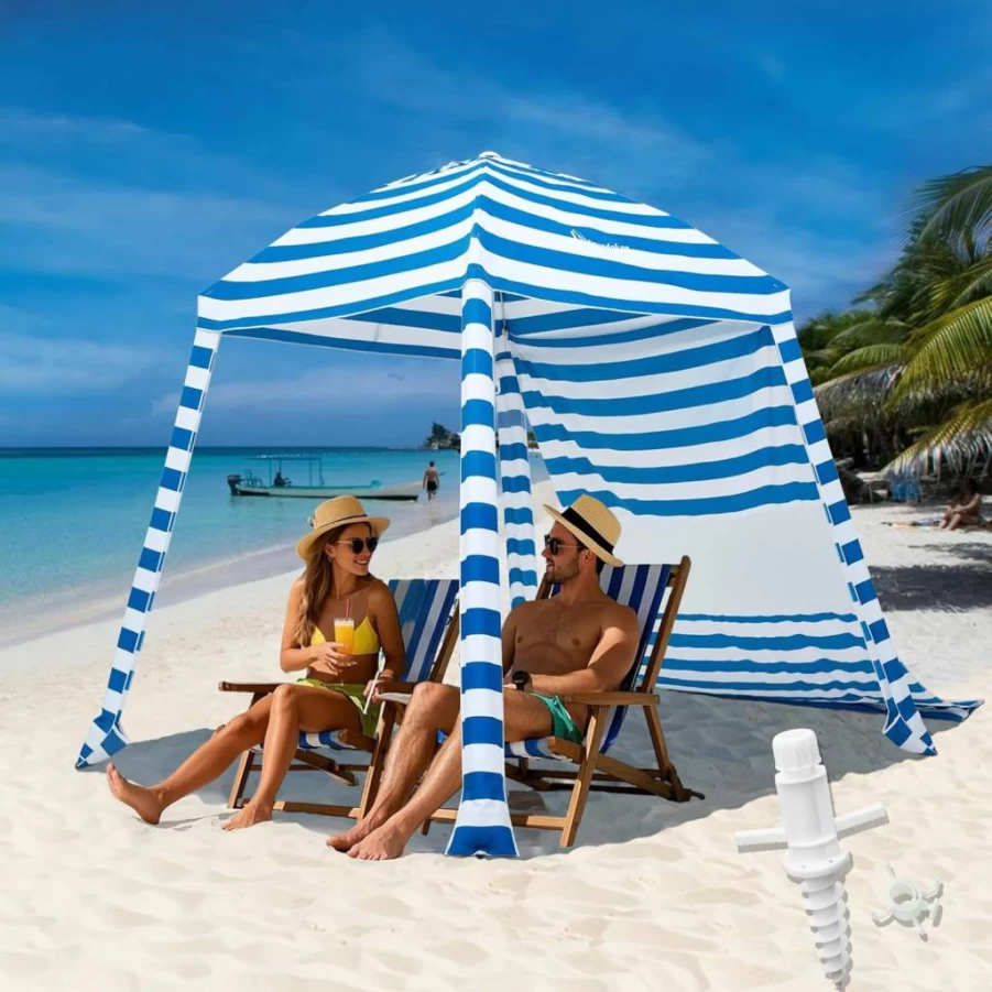 Grandekor 6'x6' Portable Beach Cabana Canopy with UPF 50+ UV Protection, Instant Setup, Sand Anchors & Sidewalls for Outdoor Shade Shelter, Windproof Design for Family Beach Outings