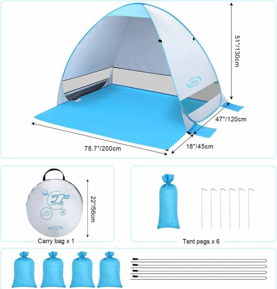 G4Free Large Pop Up Beach Tent for 3-4 People, UPF 50+ Sun Shelter, Automatic Instant Canopy, Portable Outdoor Cabana for Sun Protection