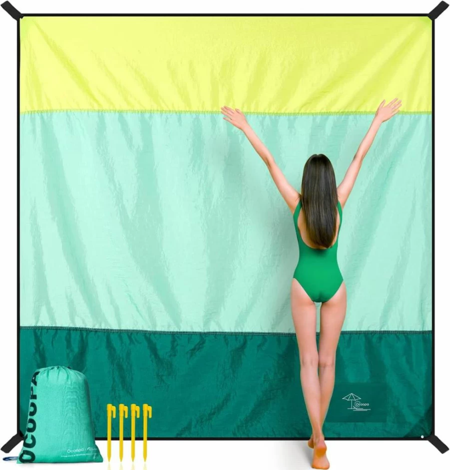 OCOOPA Extra Large Waterproof Sandproof Beach Blanket - 8 Person Family Picnic Mat, Durable 210T Parachute Nylon, Lightweight with 4 Stakes & Travel Bag (Model S09)