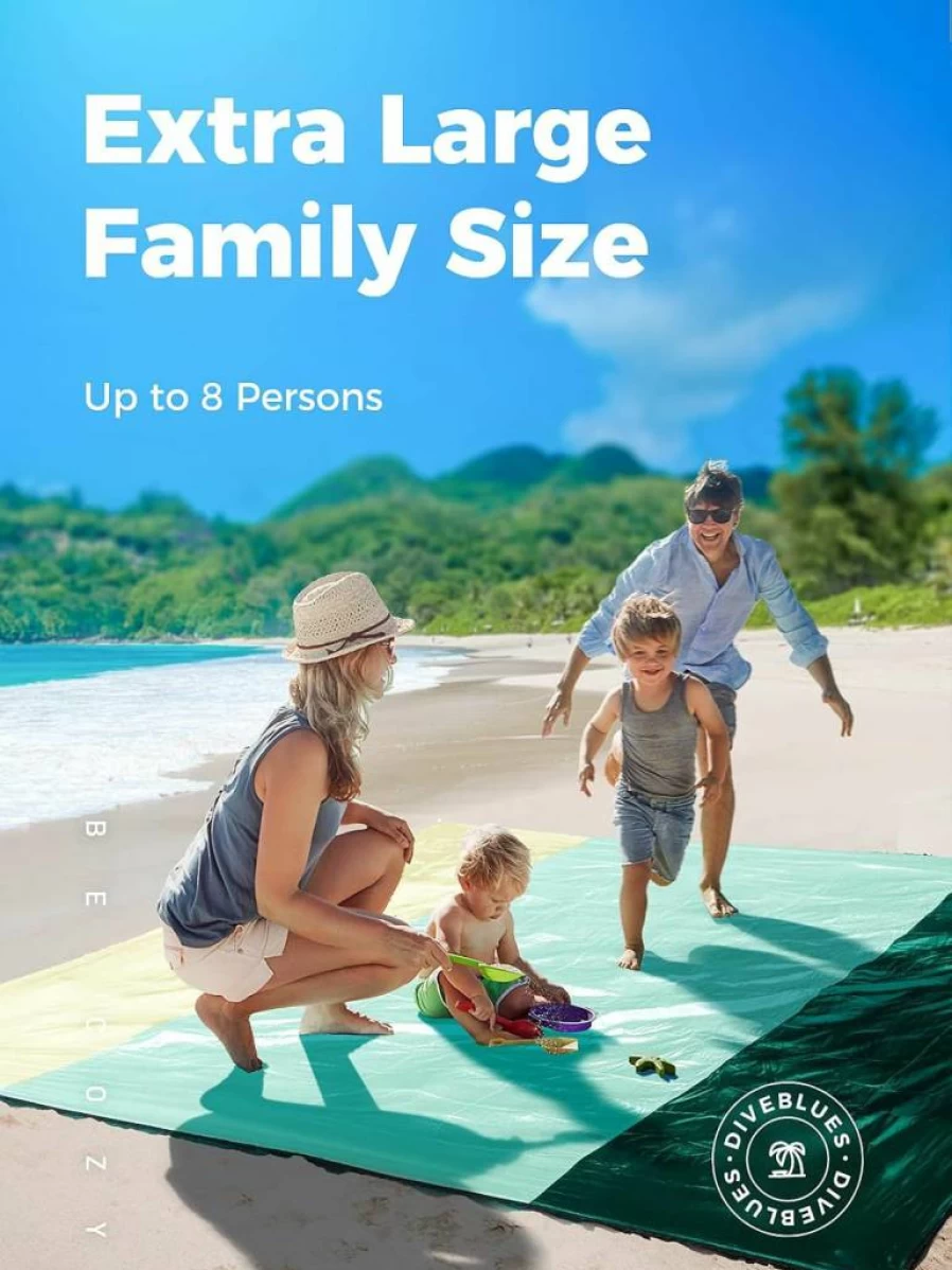 OCOOPA Extra Large Waterproof Sandproof Beach Blanket - 8 Person Family Picnic Mat, Durable 210T Parachute Nylon, Lightweight with 4 Stakes & Travel Bag (Model S09)