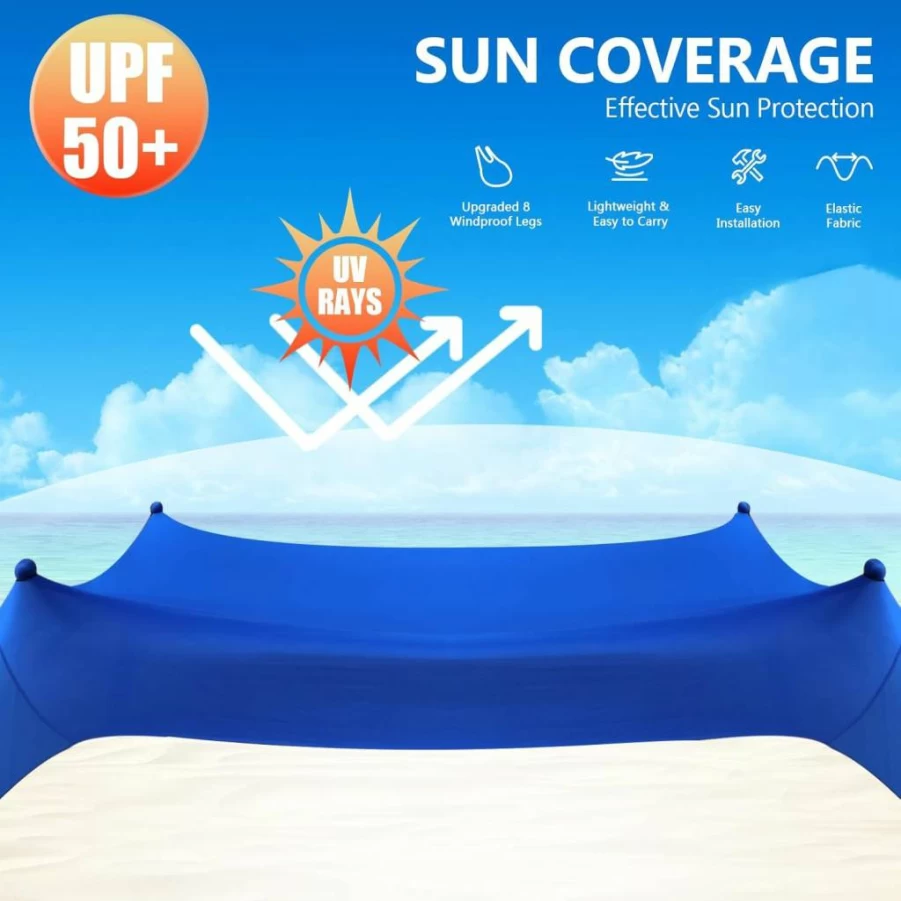 Falmets 10'x10' Beach Canopy Tent - UPF 50+ Sun Shelter with Sandbags & Stability Poles, Portable Sun Shade for Camping, Fishing, and Outdoor Activities, Heavy Duty Blue Beach Tent