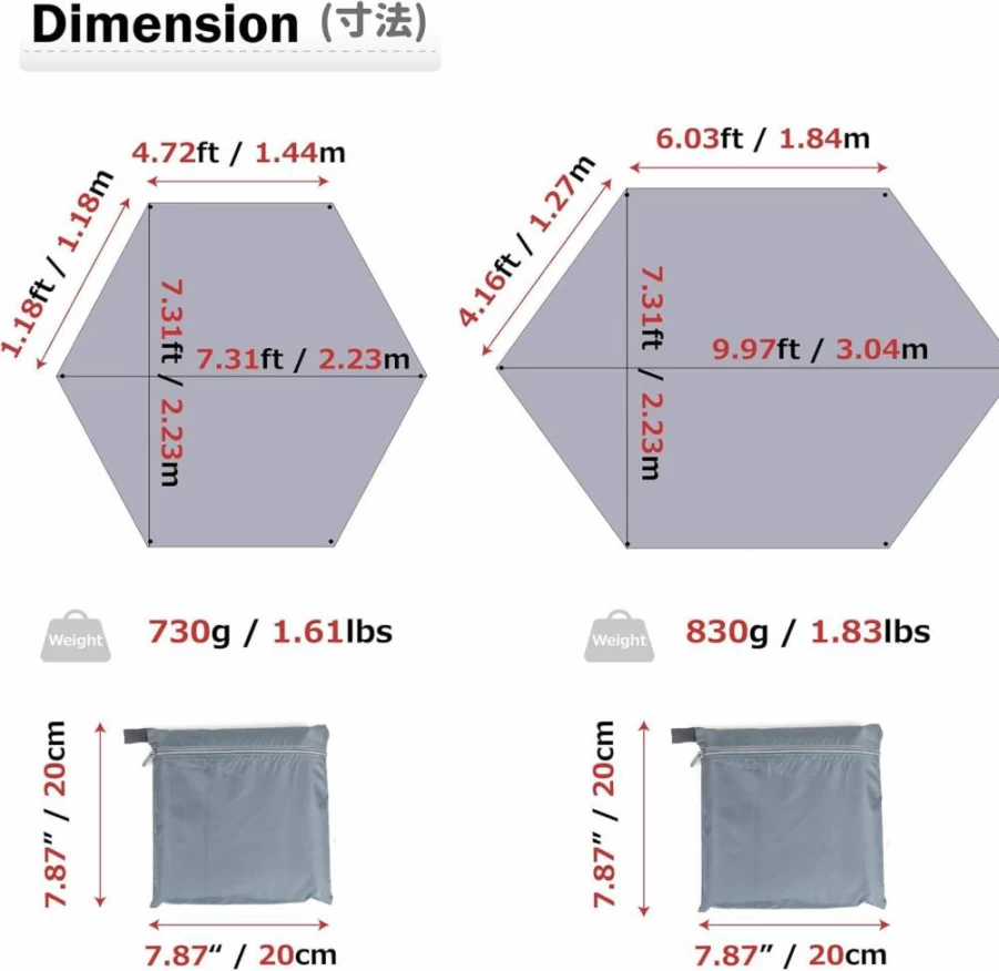 Azarxis XL Waterproof Camping Tarp, Hexagonal Hammock Rain Fly & Sunshade Shelter for Beach, Picnic, Hiking, Survival Gear (Gray)