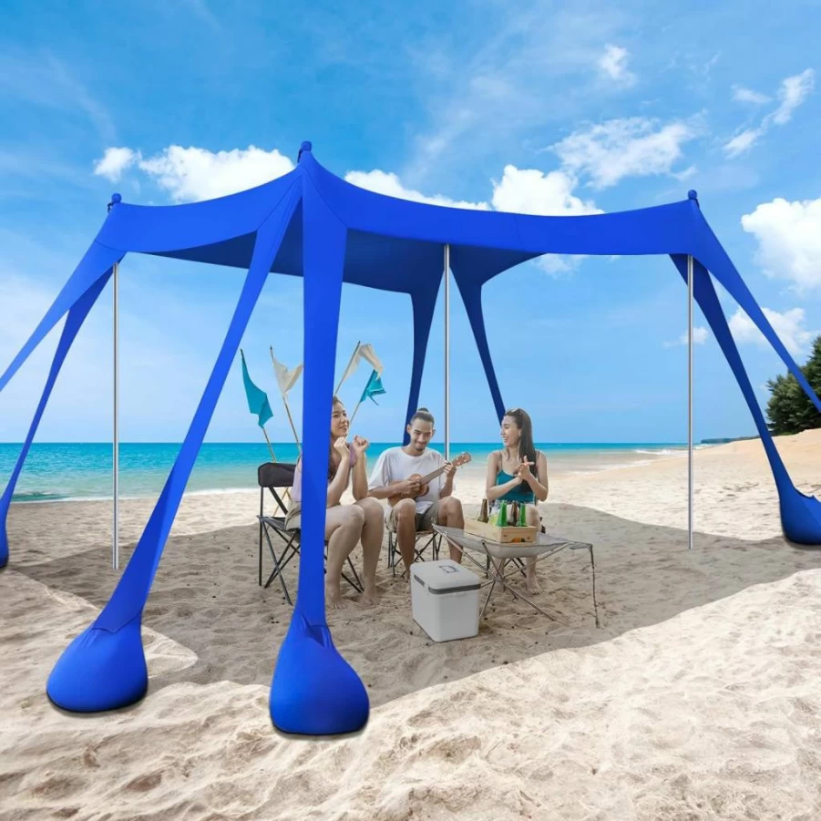 UEAKPIC 10x10FT Sun Shelter with UPF50+ Sunshade, 8 Sandbags, Sand Shovels & Stability Poles for Beach, Camping, Fishing, Picnics, and Outdoor Family Activities