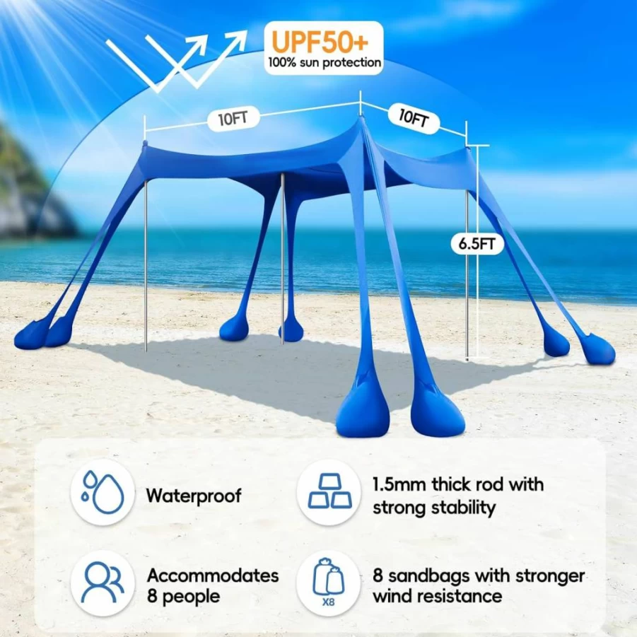 UEAKPIC 10x10FT Sun Shelter with UPF50+ Sunshade, 8 Sandbags, Sand Shovels & Stability Poles for Beach, Camping, Fishing, Picnics, and Outdoor Family Activities