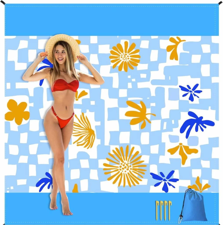 Laimaimi 80"x80" Sandproof Waterproof Beach Blanket - Large Windproof Picnic Mat for 4-6 Adults, Lightweight Quick-Dry Outdoor Travel Mat