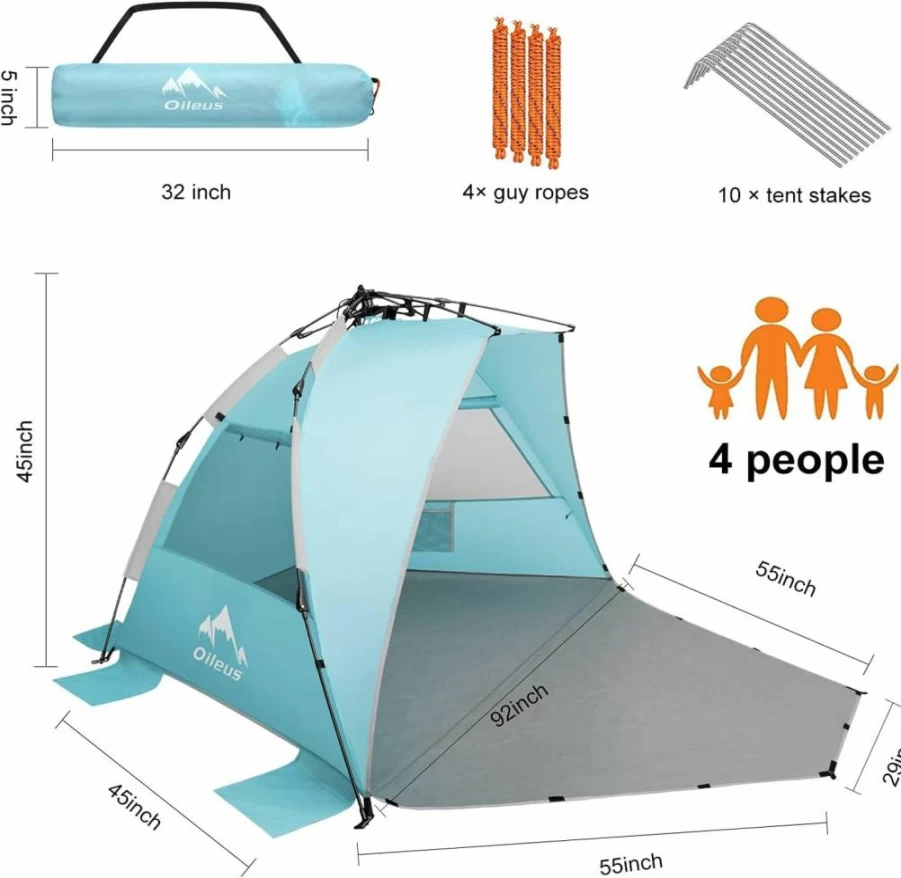 Oileus 4 Person Beach Tent - XL Portable Sun Shelter with UV Protection, Waterproof Windproof Design, Includes Carrying Bag, Stakes & Sand Pockets for Camping, Hiking, Fishing (Orange)