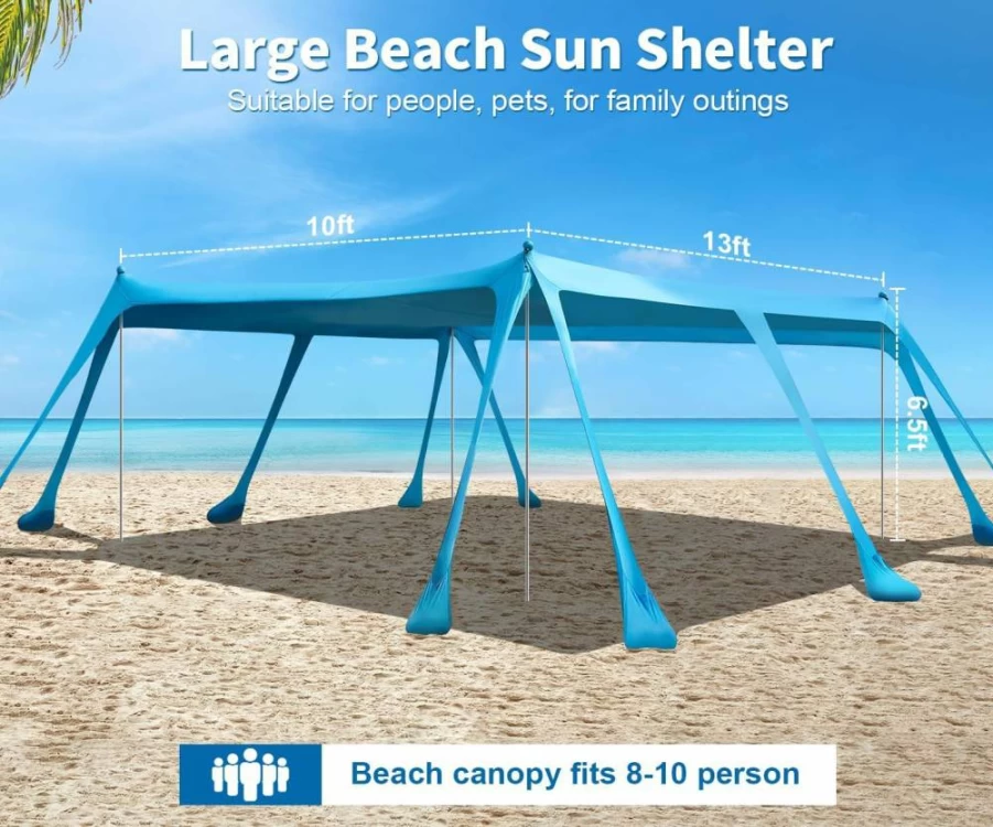 GISAEV Beach Tent Sun Shelter - 10'x13' Pop Up Canopy with UPF 50+ Sun Protection, 4 Stability Poles & 10 Sandbags for Camping, Fishing, Backyard, Outdoor Activities