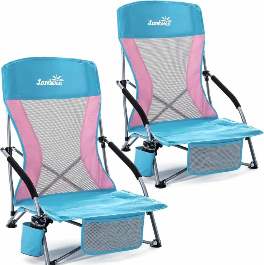 Lamberia 2 Pack Portable Folding Beach Chairs with Umbrella, 300Lbs Capacity Lightweight Camping Chairs for Travel, Picnic, Concert & Outdoor, Blue