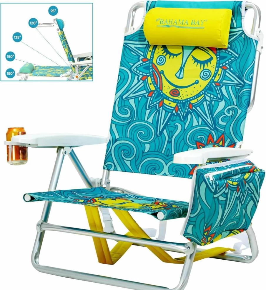 Old Bahama Bay Reclining Beach Chair Backpack - 5-Position Lay Flat Lounge Chair for Adults, Heavy Duty Portable Folding Lightweight Camping Chair with Cooler Bag for Outdoor, Sand, Travel