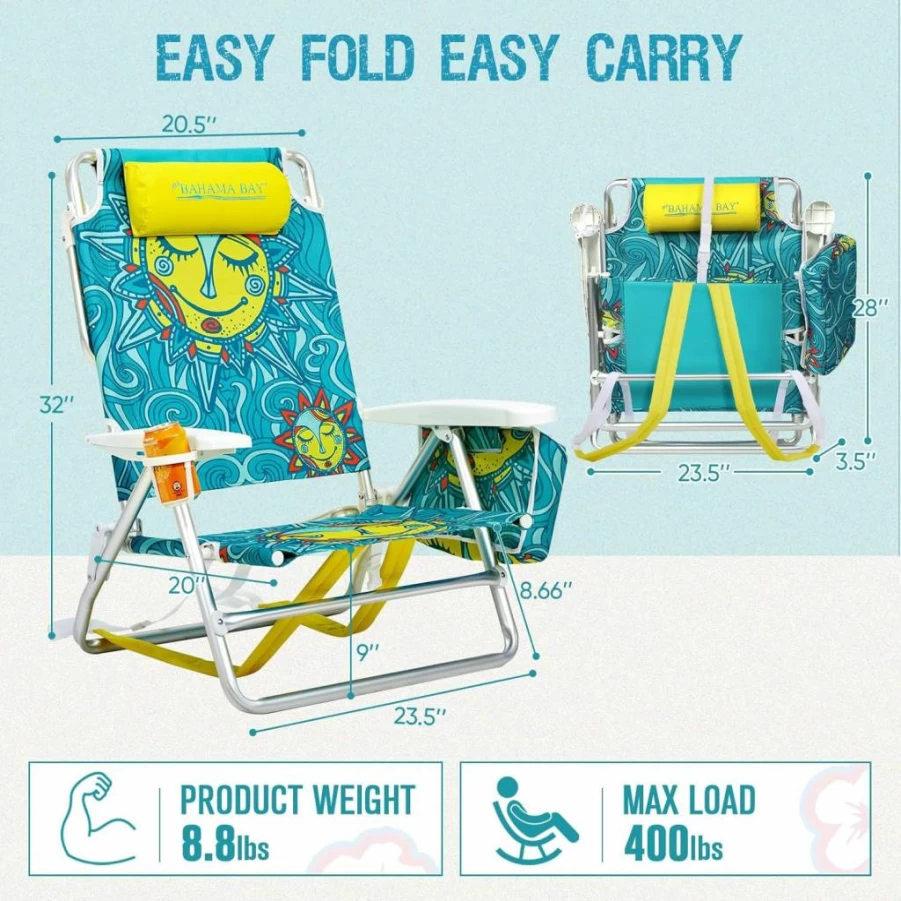 Old Bahama Bay Reclining Beach Chair Backpack - 5-Position Lay Flat Lounge Chair for Adults, Heavy Duty Portable Folding Lightweight Camping Chair with Cooler Bag for Outdoor, Sand, Travel