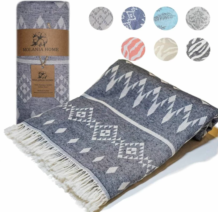 MOLANIA HOME Oversized Turkish Beach Towel 37x72 - 100% Organic Cotton, Quick Dry, Sand Free, Large Beach Blanket for Pool, Spa, Bathroom & Picnic - Ethnic Blue Design