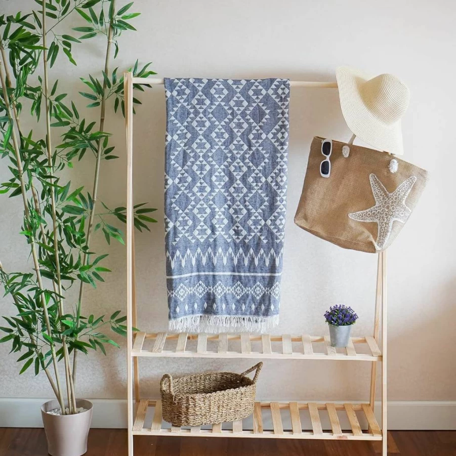 MOLANIA HOME Oversized Turkish Beach Towel 37x72 - 100% Organic Cotton, Quick Dry, Sand Free, Large Beach Blanket for Pool, Spa, Bathroom & Picnic - Ethnic Blue Design