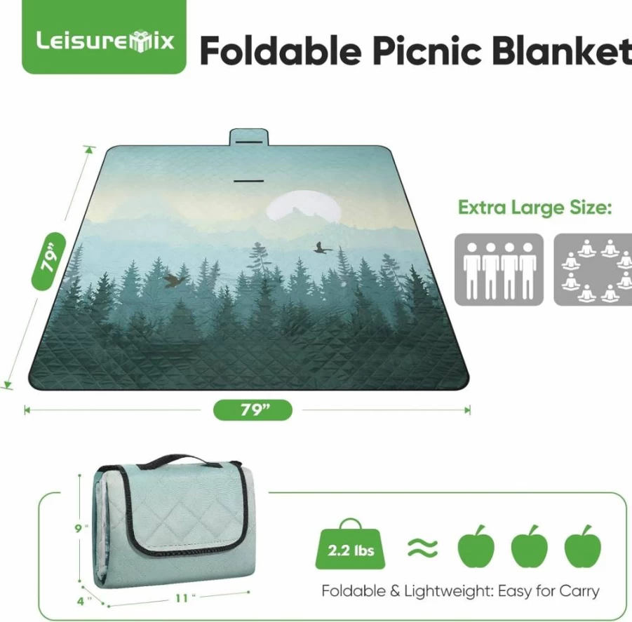 Leisuremix Waterproof Picnic Blanket Extra Large 79"x79" - Sandproof Outdoor Beach Blanket for 6-8 Adults, Portable Oxford 210D Grass Mat for Camping, Parks & Morning Forest Adventures