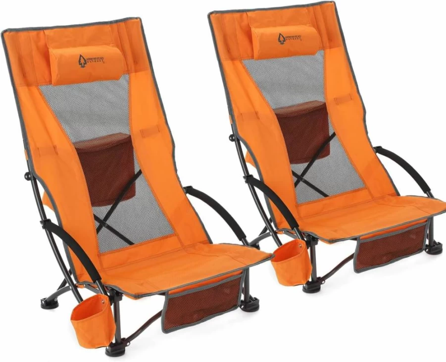 ARROWHEAD OUTDOOR 2-Pack Folding Beach Chairs with Headrest & Armrest - Reclining Low Beach Seat with Cup Holder, Carry Bag, 300lb Capacity for Outdoor, Camping, Travel