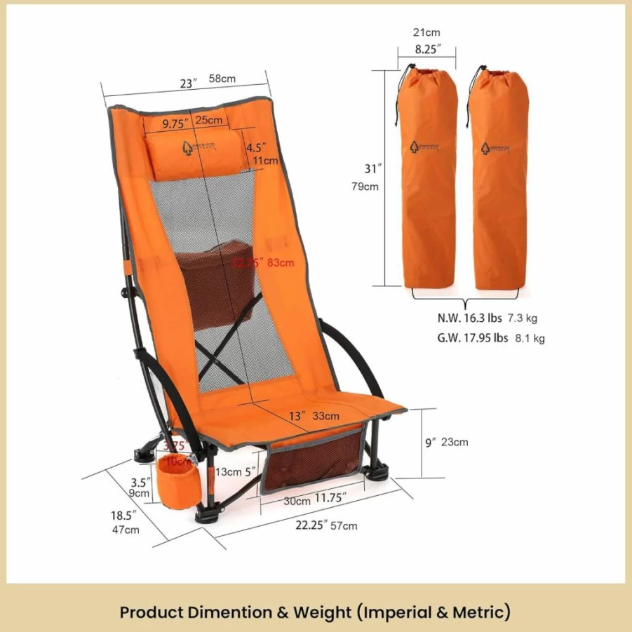 ARROWHEAD OUTDOOR 2-Pack Folding Beach Chairs with Headrest & Armrest - Reclining Low Beach Seat with Cup Holder, Carry Bag, 300lb Capacity for Outdoor, Camping, Travel