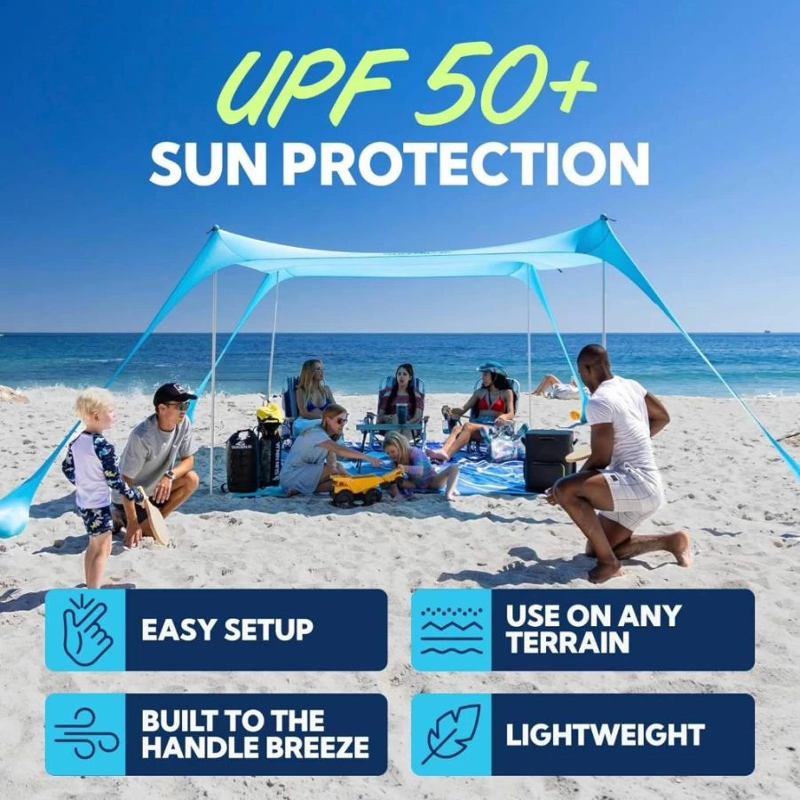 SUN NINJA Pop Up Beach Tent with UPF 50+ Sun Protection - Portable Sun Shelter for Camping, Fishing, Picnics - Includes Sand Shovel, Ground Pegs & Stability Poles