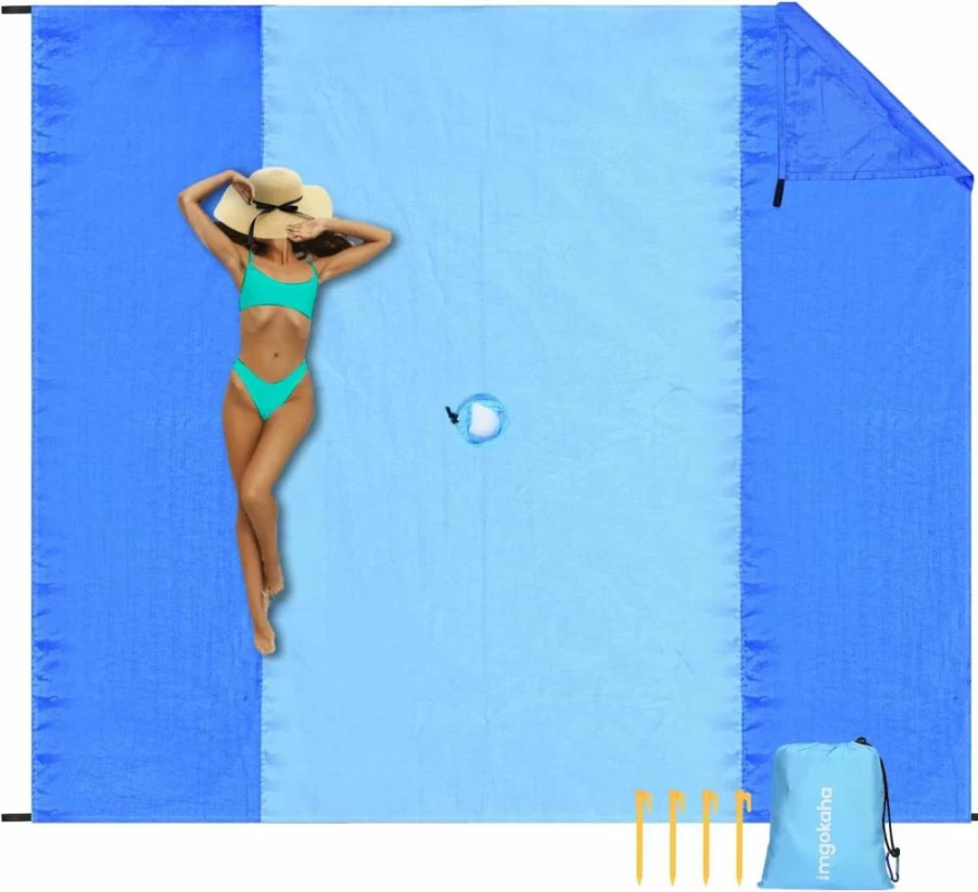 IMGOKAHA Large 7ft Waterproof Sandproof Beach Blanket with Umbrella Hole, Lightweight Nylon Sand-Free Mat Includes 4 Stakes & Corner Pockets for Outdoor Picnics (Blue)
