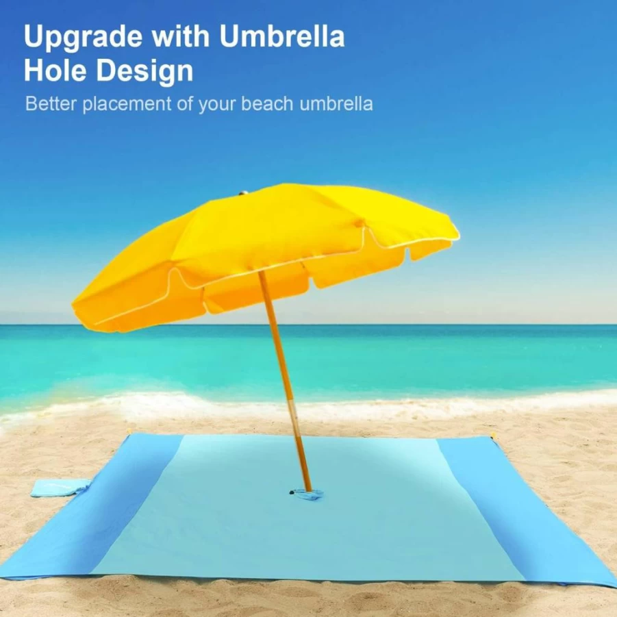 IMGOKAHA Large 7ft Waterproof Sandproof Beach Blanket with Umbrella Hole, Lightweight Nylon Sand-Free Mat Includes 4 Stakes & Corner Pockets for Outdoor Picnics (Blue)