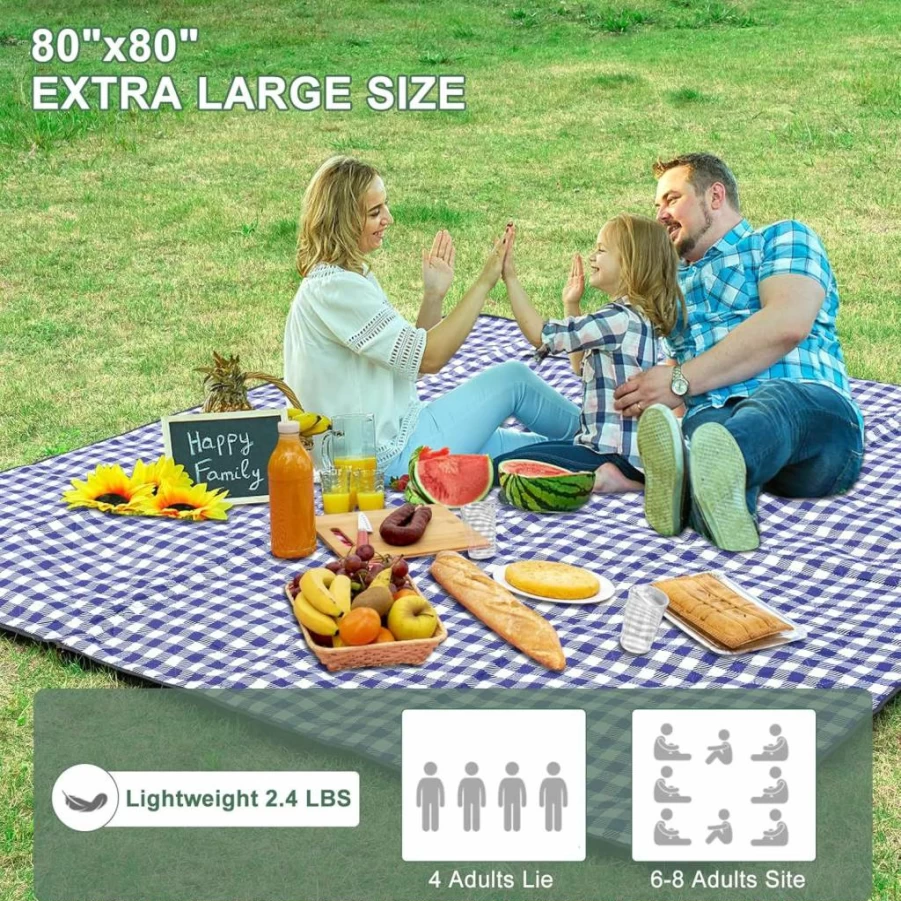 ZUBOND Vintage Gingham Picnic Blanket - 80"x80" Extra Large, Waterproof & Sandproof, Foldable for Outdoor, Beach, Camping, Park, and Music Festivals, Machine Washable Lawn Mat for Family Parties