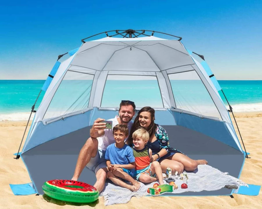 ABCCAMPING Beach Tent Pop Up Sun Shelter for 4-6 People, UV Protection, Portable Instant Setup with Mesh Windows, Carry Bag, Sandbags & Stakes, Turquoise Outdoor Shade