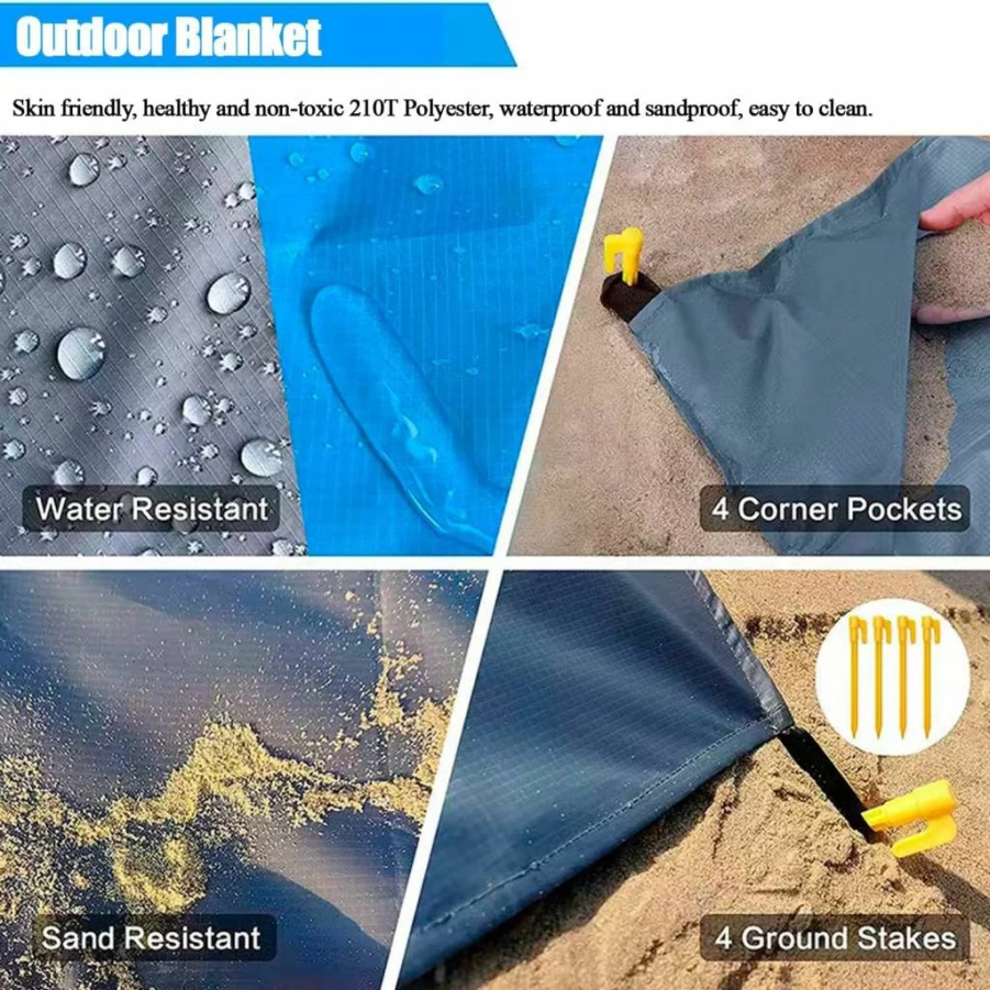 OTCahzch Sandproof Waterproof Beach Blanket - Large Lightweight Travel Mat with 4 Stakes & Carry Bag for Camping, Hiking, Picnics (Turquoise Green)
