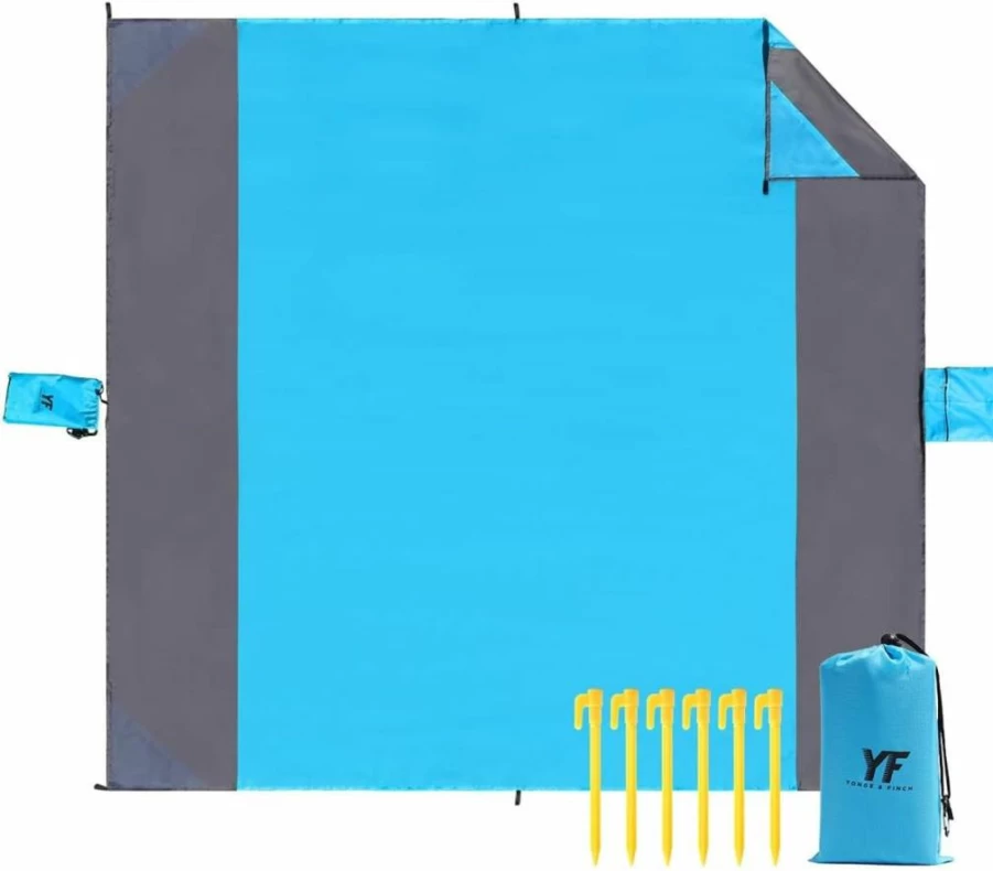 Yonge & Finch Extra Large Sandproof Waterproof Beach Blanket - 83x79 Inch Heat-Resistant, Machine Washable, Portable with Carry Pocket for 4-7 People, Ideal for Camping, Picnics & Outdoor Activities - Sky Blue