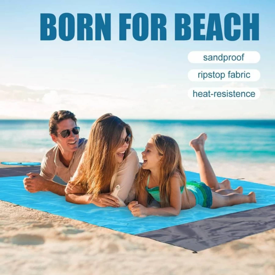 Yonge & Finch Extra Large Sandproof Waterproof Beach Blanket - 83x79 Inch Heat-Resistant, Machine Washable, Portable with Carry Pocket for 4-7 People, Ideal for Camping, Picnics & Outdoor Activities - Sky Blue