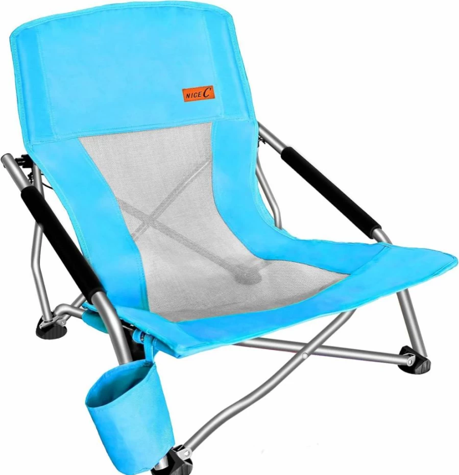 Nice C 2-Pack Portable Folding Low Beach Chairs for Adults & Kids – Lightweight Sling Sand Chairs with Cup Holder & Carry Bag, Perfect for Concert, Boat, Outdoor (Orange)
