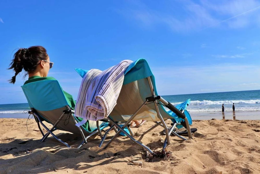 Nice C 2-Pack Portable Folding Low Beach Chairs for Adults & Kids – Lightweight Sling Sand Chairs with Cup Holder & Carry Bag, Perfect for Concert, Boat, Outdoor (Orange)