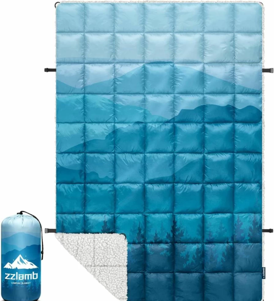 Zzlamb Sherpa-Lined Camping Blanket - 52x75 Inch Portable, Wearable Fleece Blanket for Outdoor, Travel, Backpacking, Picnics, Beach & Stadium - Warm Packable Camp Quilt for Cold Weather