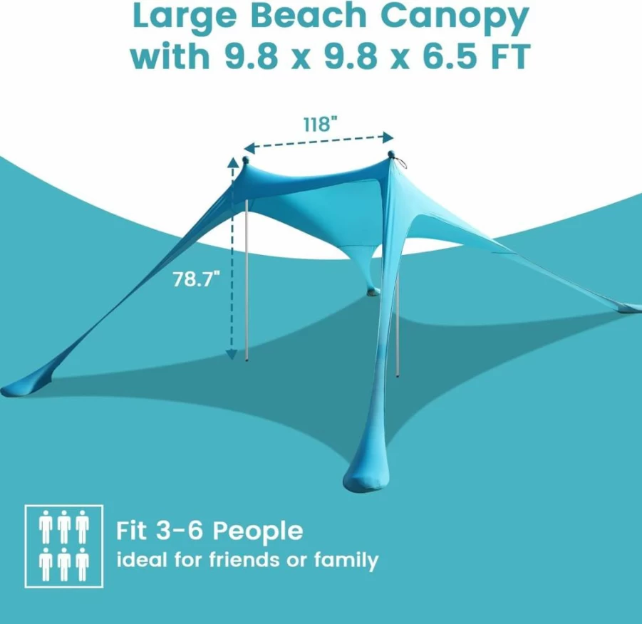 Pleneal 9.8' x 6.5' Beach Tent Sun Shelter with UPF 50+ UV Protection, Sandbags, Windproof Poles & Ground Pegs for Camping, Fishing, Picnics, and Backyard Use