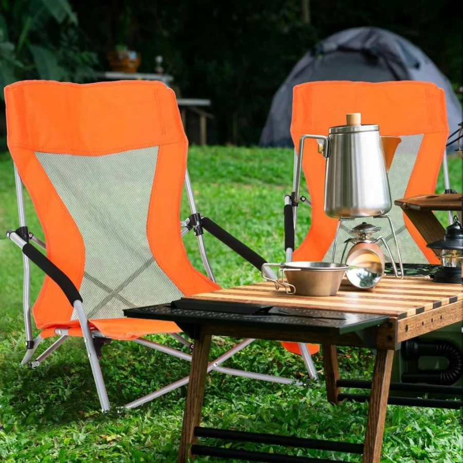 FillTouch 6-Pack Lightweight Low Beach Chairs for Adults - Portable Folding Camping Chairs with Cup Holder, Carry Bag - Orange Lawn Chairs for Outdoor, Travel, Concert