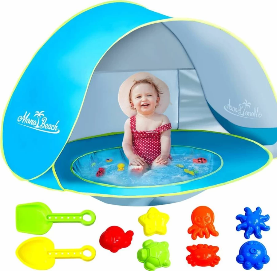 Monobeach Baby Beach Tent - UPF 50+ Sun Shelter with Sand Toys, Portable Pop Up Canopy for Infants, Easy Setup UV Protection Shade for Pool & Outdoor (Blue)