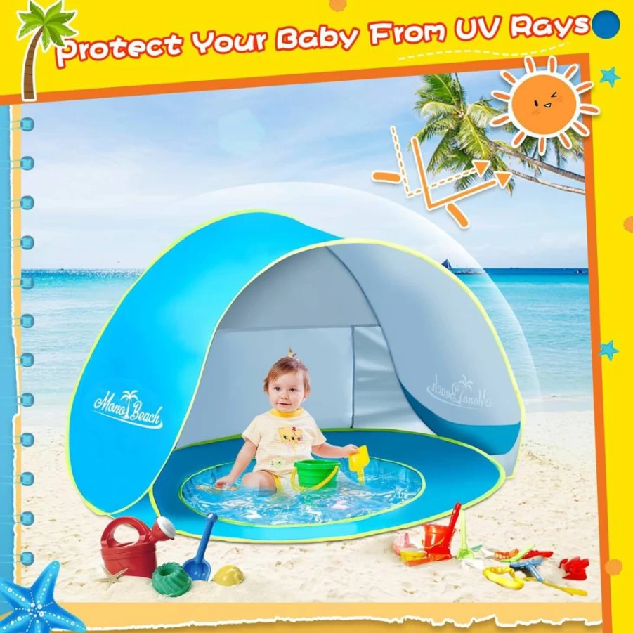 Monobeach Baby Beach Tent - UPF 50+ Sun Shelter with Sand Toys, Portable Pop Up Canopy for Infants, Easy Setup UV Protection Shade for Pool & Outdoor (Blue)