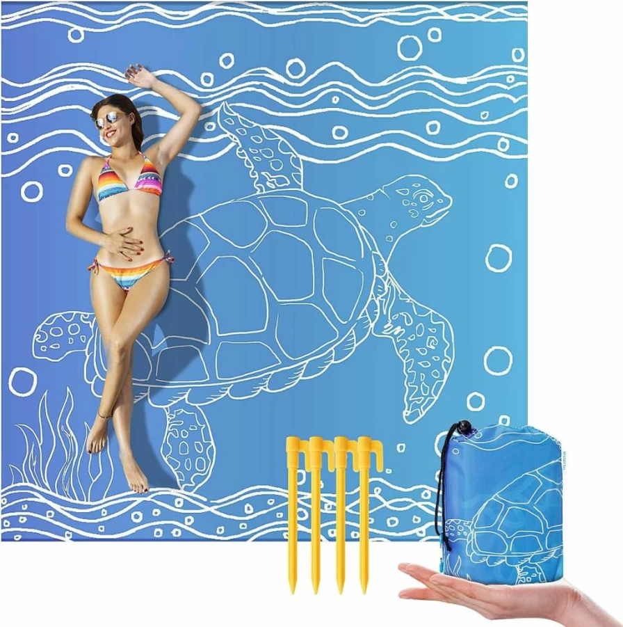 HZJOYUE Large Beach Blanket 79"x83" - Lightweight Sandproof Outdoor Blanket with Zipper Pockets, Stakes & Carabiner for Camping, Travel, Picnics, Festivals