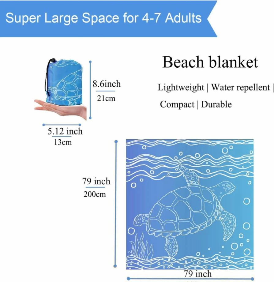 HZJOYUE Large Beach Blanket 79"x83" - Lightweight Sandproof Outdoor Blanket with Zipper Pockets, Stakes & Carabiner for Camping, Travel, Picnics, Festivals