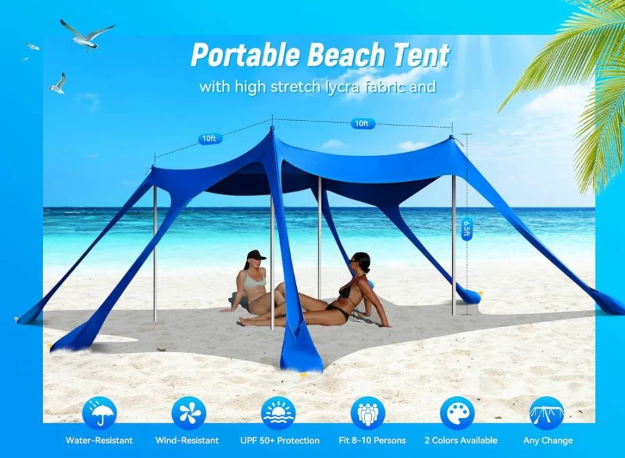Vibemo UPF50+ Beach Tent Sun Shelter - Portable Pop Up Canopy with Sandbags, Shovel & Poles for Camping, Fishing, Picnics, Backyard - Navy Blue