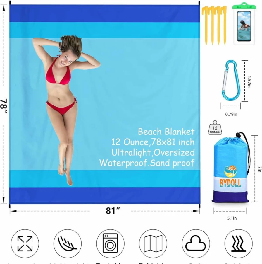 BYDOLL Oversized Beach Blanket 78x81 Inches - Waterproof, Sandproof, Lightweight Picnic Mat for 4-7 Adults, Perfect for Travel, Camping & Outdoor Activities
