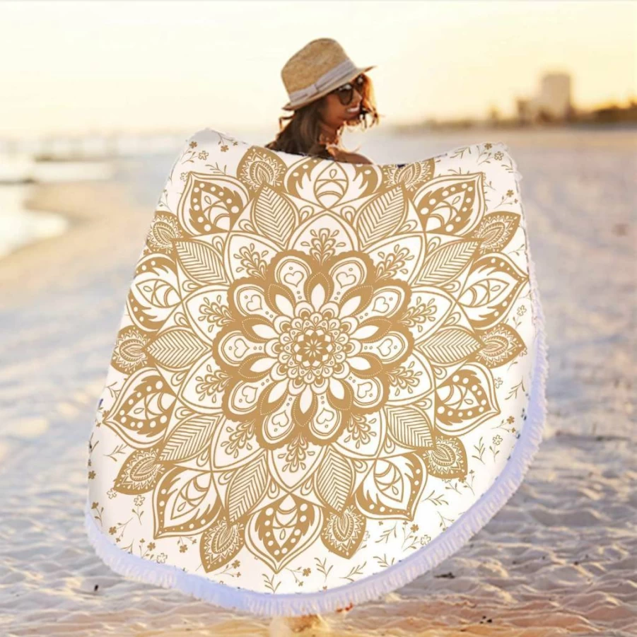 RosieLily Oversized 60 Inch Round Mandala Beach Towel - Gold Yellow Microfiber Sand-Free Blanket for Pool, Meditation & Yoga, Soft Water Absorbent Towel with Tassels