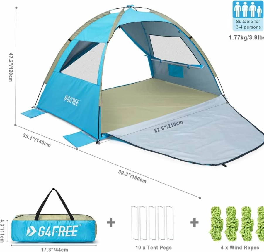 G4Free Lightweight Portable Beach Tent for 2-3 People, UPF 50+ Sun Shelter with Extendable Floor, Foldable Sports Canopy Umbrella for Outdoor Activities