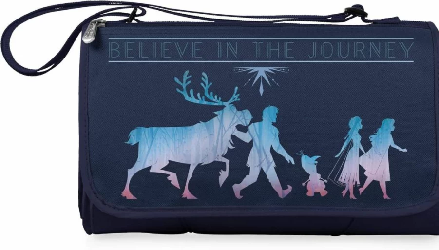 PICNIC TIME Disney Frozen 2 Princess Waterproof Picnic Blanket Tote - Navy Blue with Black Flap for Beach, Camping, Outdoor Activities