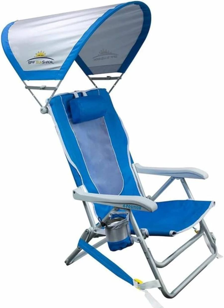 GCI Outdoor Saybrook Blue Reclining Beach Chair with Canopy, Drink Holder & Carry Straps – Portable Folding Sunshade Chair for Beach, Picnics & Outdoor Activities