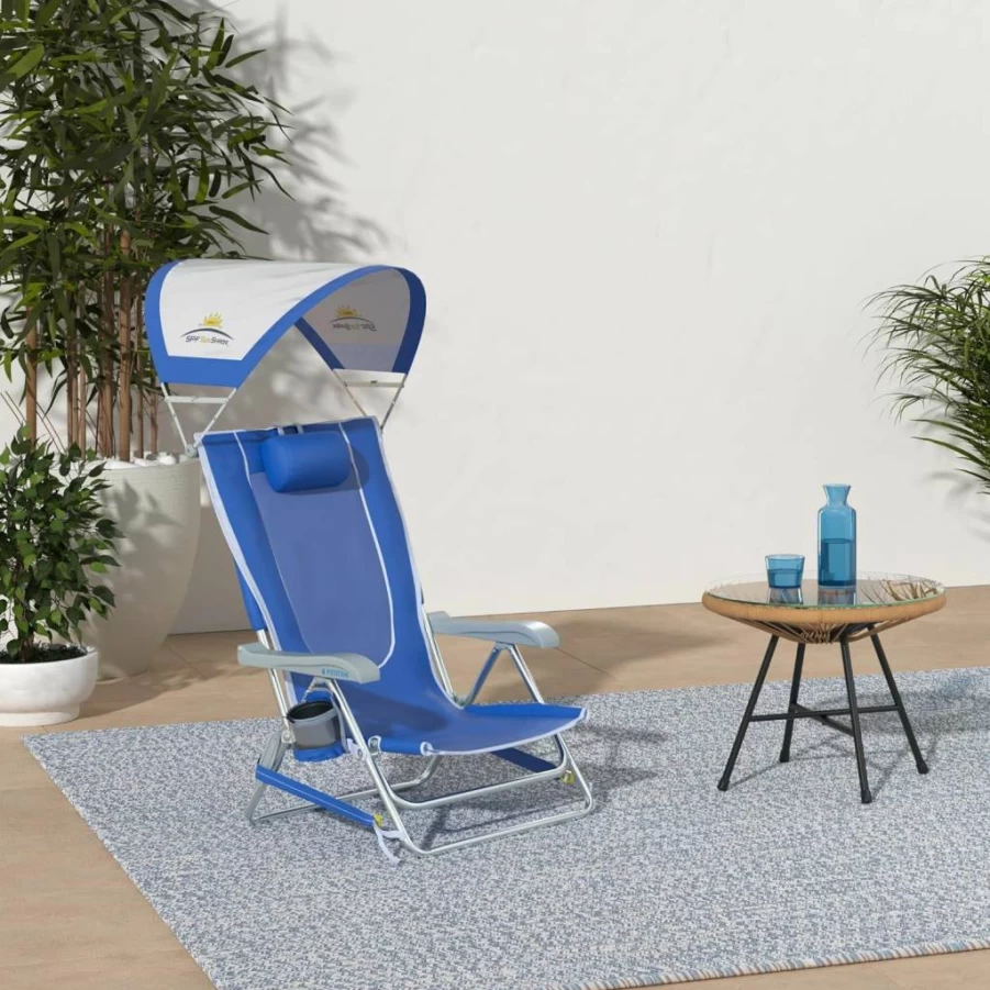 GCI Outdoor Saybrook Blue Reclining Beach Chair with Canopy, Drink Holder & Carry Straps – Portable Folding Sunshade Chair for Beach, Picnics & Outdoor Activities