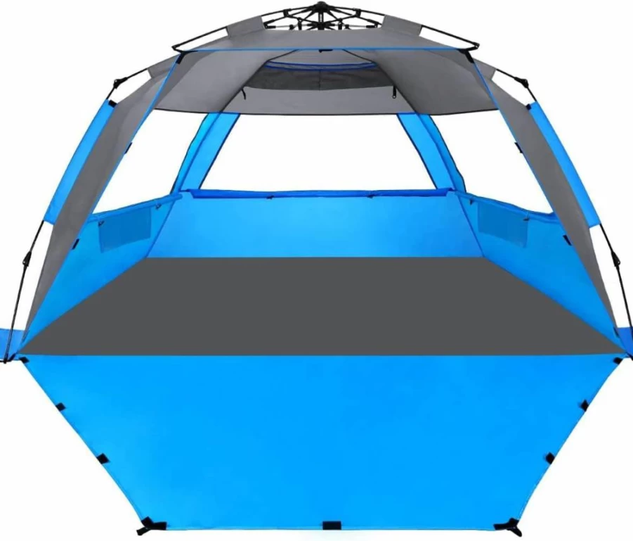 WhiteFang Deluxe Beach Tent for 5-6 People with UV Protection, Extendable Floor, 3 Ventilation Windows, Carrying Bag, Stakes & Guy Lines – Portable Sun Shelter for Outdoor Activities
