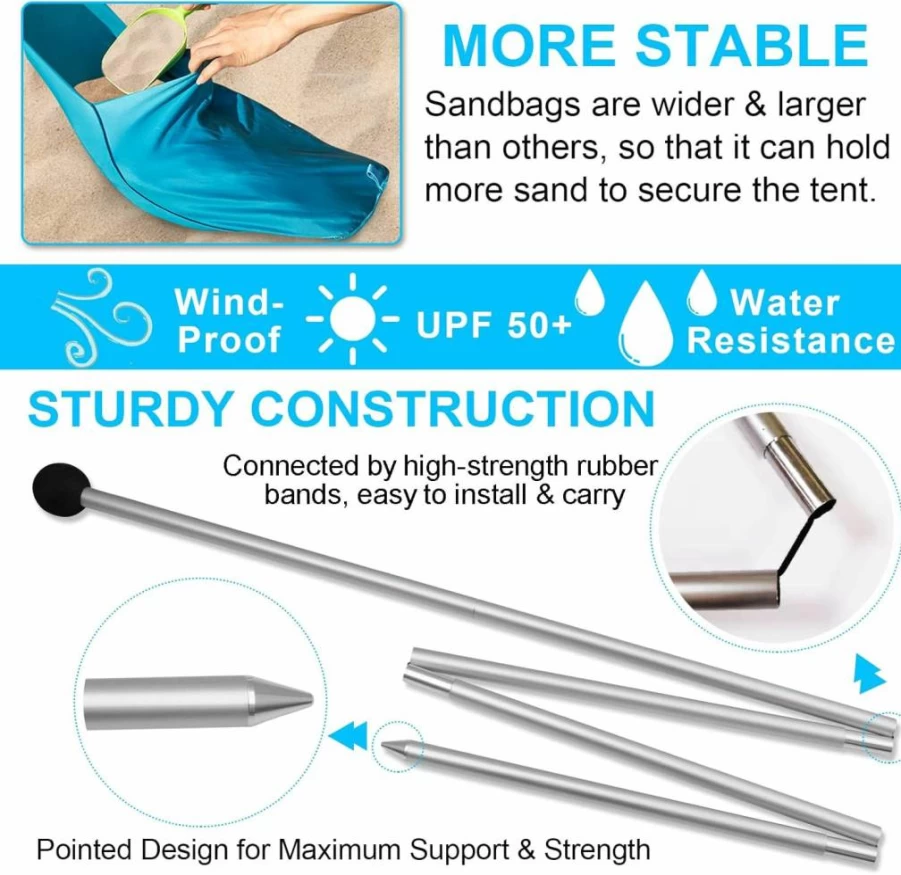 KEBE 10x10 FT UPF50+ Portable Beach Tent with 4 Aluminum Poles, Reinforced Corners & Floor Mat for Camping, Backyard, Fishing, and Outdoor Sun Shelter