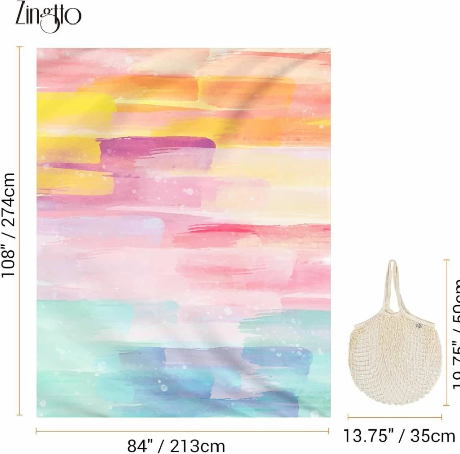 Zingtto Silky Soft 108x84 Inch Sandproof Beach Blanket with Corner Pockets, Portable Mesh Bag for Travel, Camping, Outdoor Festivals - Oil Paint Rainbow Design