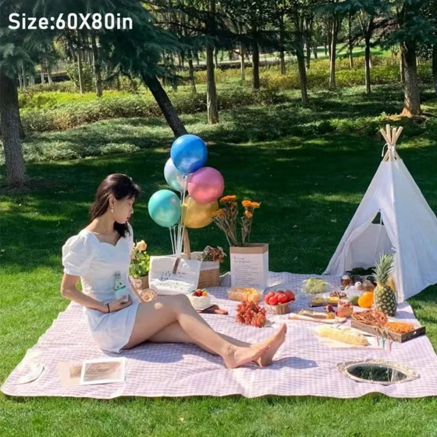 K Y KANGYUN Extra Large Waterproof Beach Blanket 80"x60" - Sand Proof Portable Picnic Mat for Outdoor Camping, Travel, Park & Family Use - Lightweight Foldable Blue Line Design