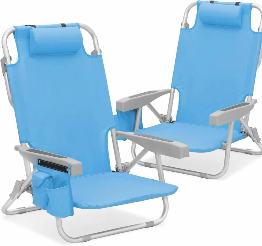 MoNiBloom Lightweight Folding Beach Chair with Cup Holder & Cooler Bag - Portable Outdoor Lawn, Concert, Picnic, Camping Sand Chair for Adults (Sky Blue, 2-Pack)