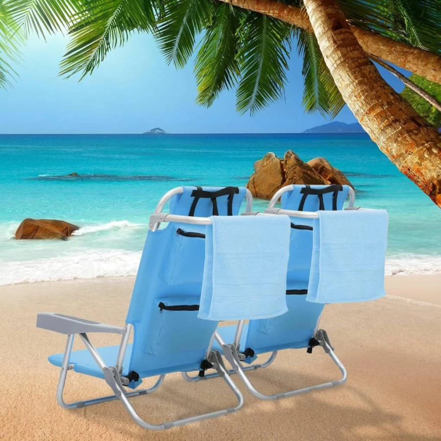MoNiBloom Lightweight Folding Beach Chair with Cup Holder & Cooler Bag - Portable Outdoor Lawn, Concert, Picnic, Camping Sand Chair for Adults (Sky Blue, 2-Pack)