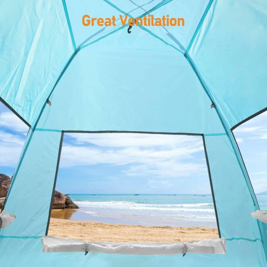 Zyerch 2 Person Beach Tent - Light Blue UV Protection Pop-Up Shelter with 3 Mesh Windows & 6 Sandbags, Easy Setup for Cool Shade